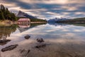 Maligne Lake Boat House sunrise Royalty Free Stock Photo