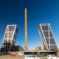 The maligned Caja Madrid Obelisk and the Gate of Europe towers or  KIO Towers near the Plaza de Castilla in Madrid Royalty Free Stock Photo