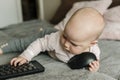 Mall child grabs a mouse and keyboard, internet addiction from an early age