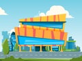 Mall. City landscape with hypermarket and store buildings houses vector flat illustration