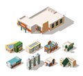 Mall exterior designs isometric 3D vector illustrations set