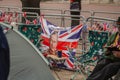 THE MALL, LONDON - 4 May 2023: Flags camped outside of Buckingham Palace ahead of the Coronation of King Charles Royalty Free Stock Photo