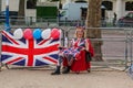 THE MALL, LONDON - 4 May 2023: Royalist outside of Buckingham Palace ahead of the Coronation of King Charles