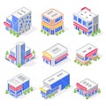 Mall store isometric buildings. Shop exterior, super market building and modern city stores architecture isolated 3d