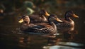 Mallard drake beak reflects multi colored beauty in nature pond generated by AI