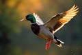 Mallard drake soaring, sunlight reflecting on feathers, light, golden hour Royalty Free Stock Photo