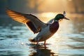 Mallard drake soaring, sunlight reflecting on feathers, powerful, wildlife conservation, ecosystem Royalty Free Stock Photo