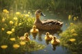 Mallard duck and ducklings swimming in a pond with yellow flowers Royalty Free Stock Photo