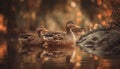 Mallard duck family enjoys tranquil pond outdoors generated by AI