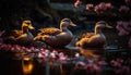 Mallard duck family quacking by pond reflection generated by AI