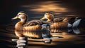 Mallard duck family quacking on tranquil pond generated by AI