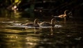 Mallard duck family swimming in tranquil pond generated by AI