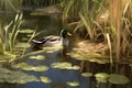 Mallard duck swimming on a pond with lily pads Royalty Free Stock Photo