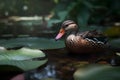 Mallard duck swimming on a serene lotus pond