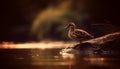 Mallard duck swimming in tranquil pond at sunset, close up portrait generated by AI