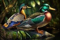 Design of two colorful Mallard Duck bird in the Jungle.