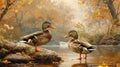 Mallard ducks in autumn forest Royalty Free Stock Photo
