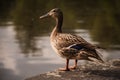 Mallard female duck standing on the edge of stone Royalty Free Stock Photo