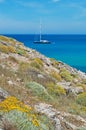 Mallorca, Majorca, Balearic Islands, Spain, Mediterranean Sea, cove, bay, nature, landscape, secret place, desert, beach, sailboat Royalty Free Stock Photo