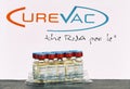 MALLORCA/SPAIN- November 21 2020: CureVac research Coronavirus Covid 19 vaccine. Row of vaccine bottles with blurred CureVac