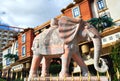 Statue of elephant against exterior of house turned upside down in Katmandu Park
