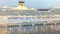 Closeup of Mediterranean ferry boat crosses frame in peaceful early morning sunlight