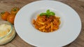 malloreddus or Sardinian gnocchetti, typical Sardinian pasta, with wild boar sauce