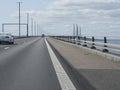 Malmo, Sweden, Agust 21, 2021: View of Oresund bridge, seen from car window. Longest road and rail bridge in Europe with