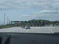 Malmo, Sweden, Agust 21, 2021: View of toll-gate, car payment point at Oresund bridge, seen from car window. Longest