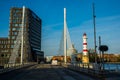 Malmo, Sweden: Beautiful white lighthouse with red stripes. City in Scania county and Oresund region