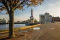 Malmo, Sweden: Beautiful white lighthouse with red stripes. City in Scania county and Oresund region