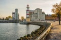 Malmo, Sweden: Beautiful white lighthouse with red stripes. City in Scania county and Oresund region