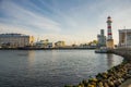 Malmo, Sweden: Beautiful white lighthouse with red stripes. City in Scania county and Oresund region