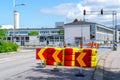 Malmo, Sweden - 09 June 2019:Road closed sighn, traffic detour construction sign in a residential neighborhood