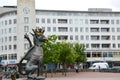 MALMO, SWEDEN - MAY 31, 2107: Gryphon in the center of Malmo in Gustav Adolfs Torg square with trees and a great white building