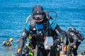 MalmÃÂ¶, Sweden - June 14, 2020: Scuba divers return after a scuba dive in the cold water of Oresund