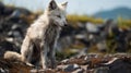 Malnourished arctic fox alone, melting glaciers, climate change, global warming effect