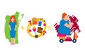 Malnutrition leads to obesity, fat people vector illustration. Healthy girl plus fast food, unbalanced sweet, alcohol