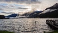 Maloja mountain Pass, Switzerland. Landscape of the lake Sils in the morning during the fall time Royalty Free Stock Photo