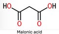 Malonic acid, dicarboxylic, propanedioic acid molecule. The ionized form its ester and salt, are known as malonate. Skeletal chemi Royalty Free Stock Photo