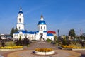 Maloyaroslavets, Russia, 09.09.2018: Central square of the city overlooking the Christian Church
