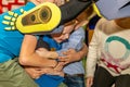 Children`s birthday celebration in the gaming complex. Group of kids having fun at playground. Royalty Free Stock Photo