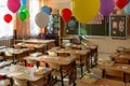 Classroom decorated for September 1st: colorful balloons over the desks, blur and grain effect.