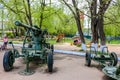 Maloyaroslavets, Russia - May 2016: Courtyard with military exposition and children`s playground
