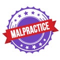 MALPRACTICE text on red violet ribbon stamp
