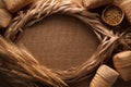 Malt still life rope flax frame sackcloth background Royalty Free Stock Photo