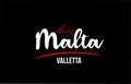 Malta country on black background with red love heart and its capital Valletta