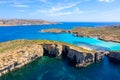 Malta landscape. Comino island coastline from above. Aerial view. Blue lagoon and sea caves of Comino island.