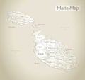 Malta map, administrative division with names, old paper background