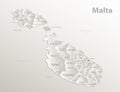 Malta map, administrative division, separates regions and names individual, card paper 3D natural